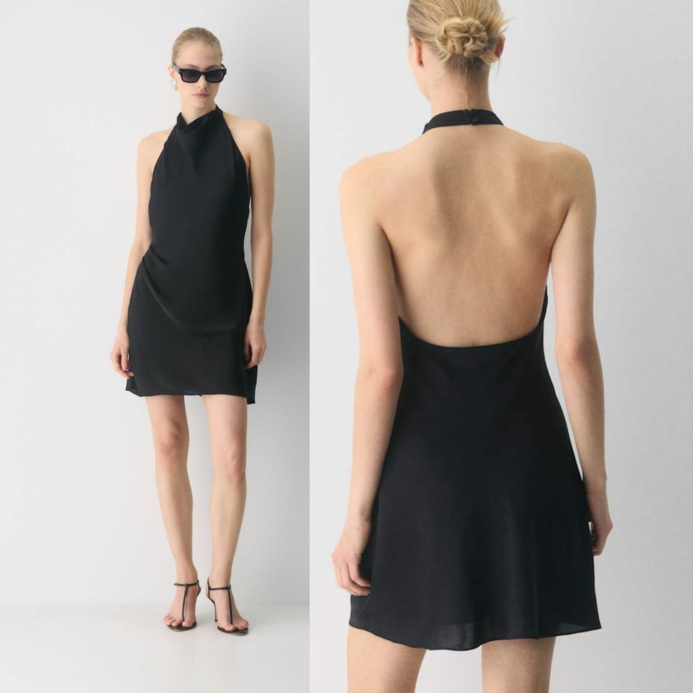 Aritzia Babaton Audience Satin Mini Halter Neck Dress Black Open Back Size 4